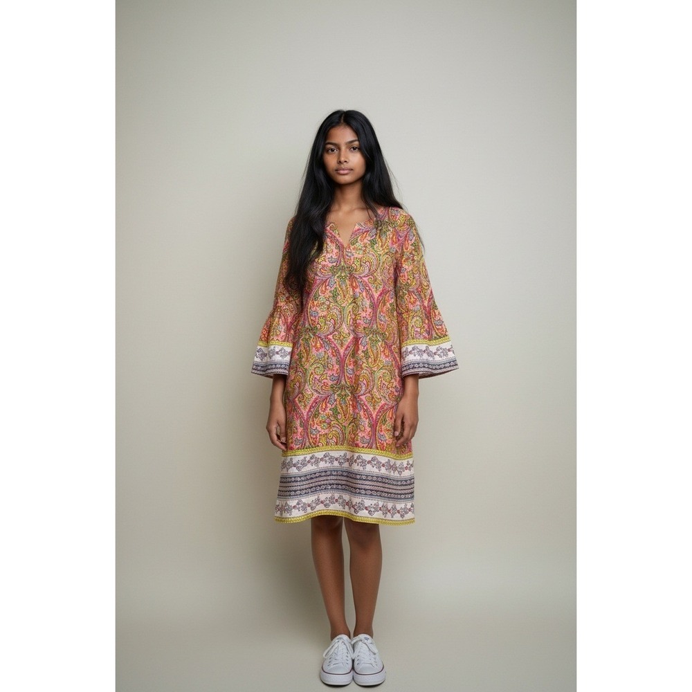 LOFT Women's Small S Paisley Bell Sleeve Tunic Dress Pink Red Multicolor